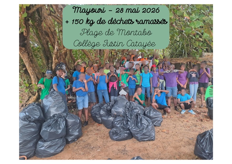 Photo de groupe des éco-délégués et participants lors du Mayouri du 28 mai 2026, plage de Montabo